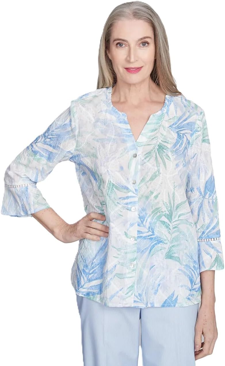 Alfred Dunner ST. Thomas Women's Tropical Embroidered Button Front Top