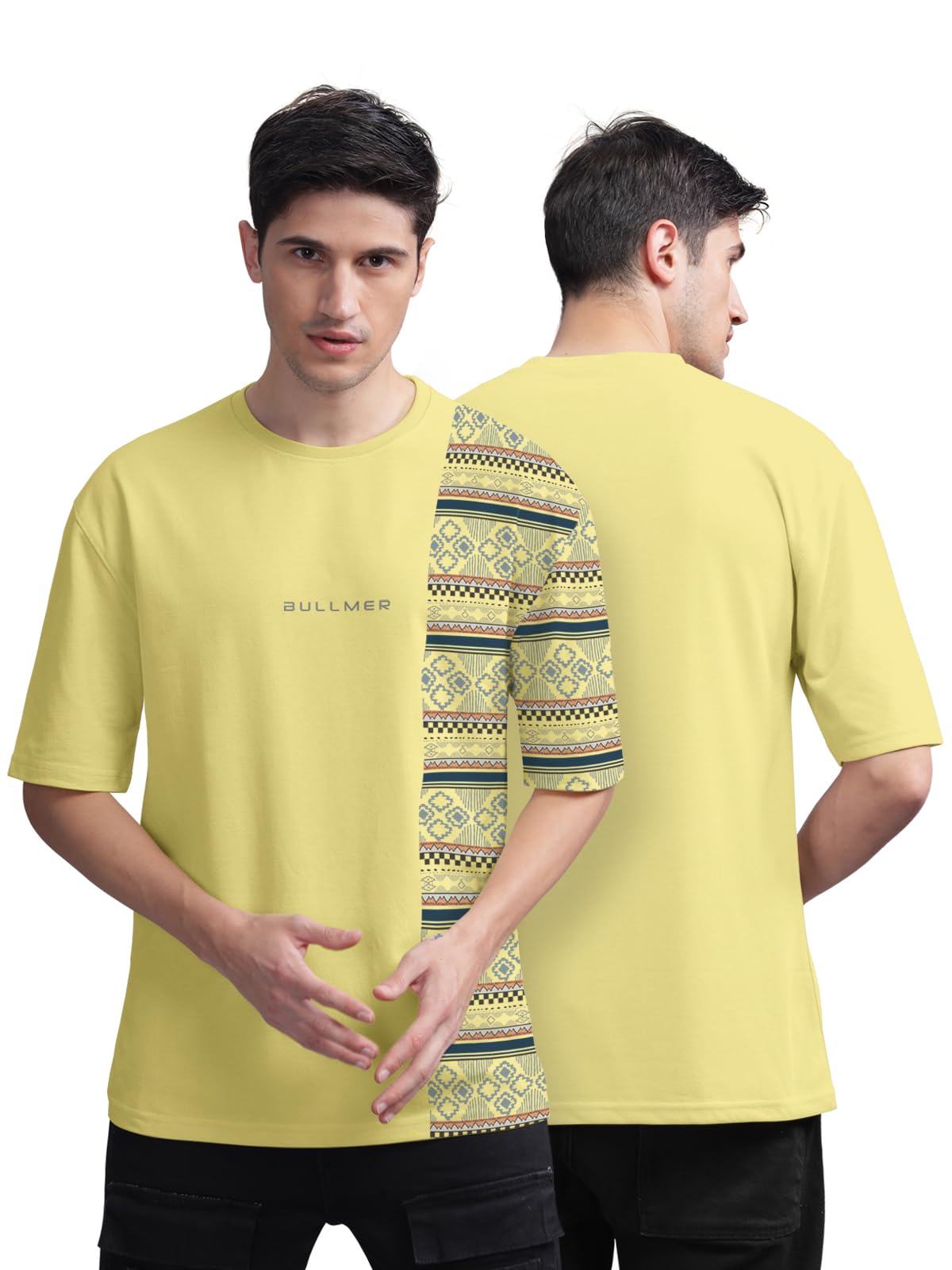 BULLMER Trendy Front and Back Printed Oversized Round Neck T-Shirt for Men - Yellow/X-Large (B0CT5ZMXCJ) Amazon Price History, Amazon Price Tracker