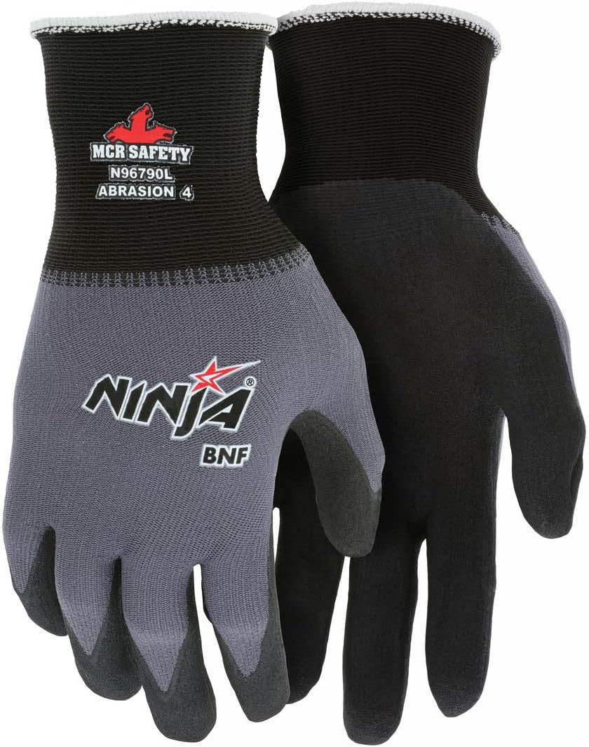 MCR Safety Ninja BNF N96790L Work Glove, 15 Gauge Nylon/Spandex Shell, Breathable Nitrile Foam (BNF) Coated Palm & Fingertips, Large, Black / Gray, Grey