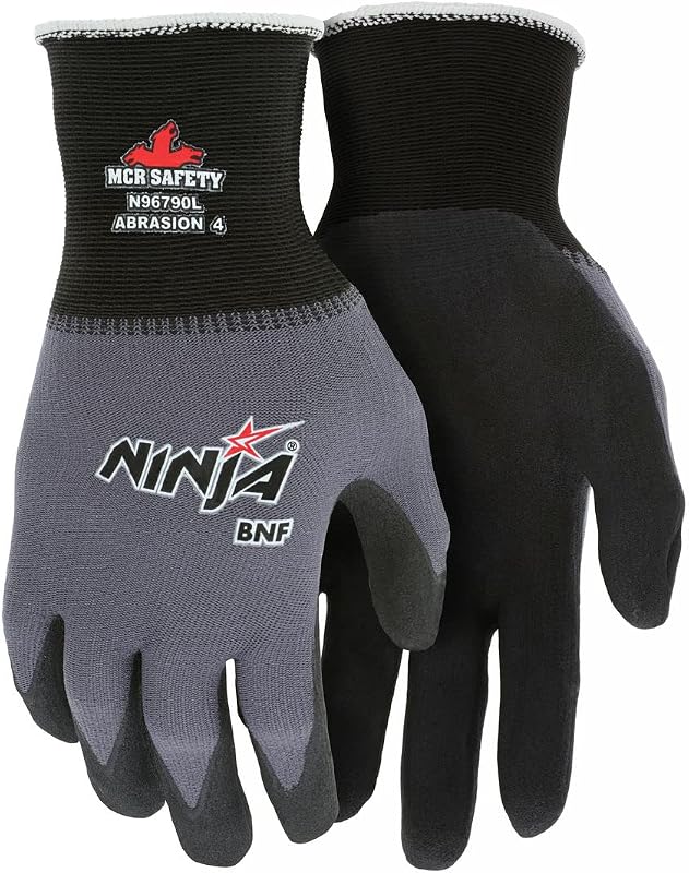 MCR Safety Ninja BNF N96790L Work Glove, 15 Gauge Nylon/Spandex Shell, Breathable Nitrile Foam (BNF) Coated Palm & Fingertips, Large, Black / Gray, Grey