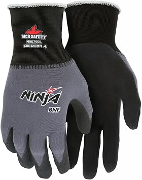 MCR Safety Gloves N96790XS Ninja BNF 15 Gauge Work Gloves, Nylon/Spandex Shell with NFT Coated Palm & Fingertips, Black/Grey, XS