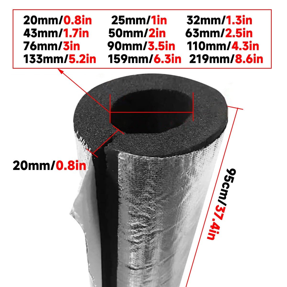 Isolante per Tubature Condizionatore Autoadesivo Tubi Coibentati lunghezza 95cm Guaina Isolante Per Tubi In Schiuma Antigelo Ritardante di Fiamma(32.0mm)