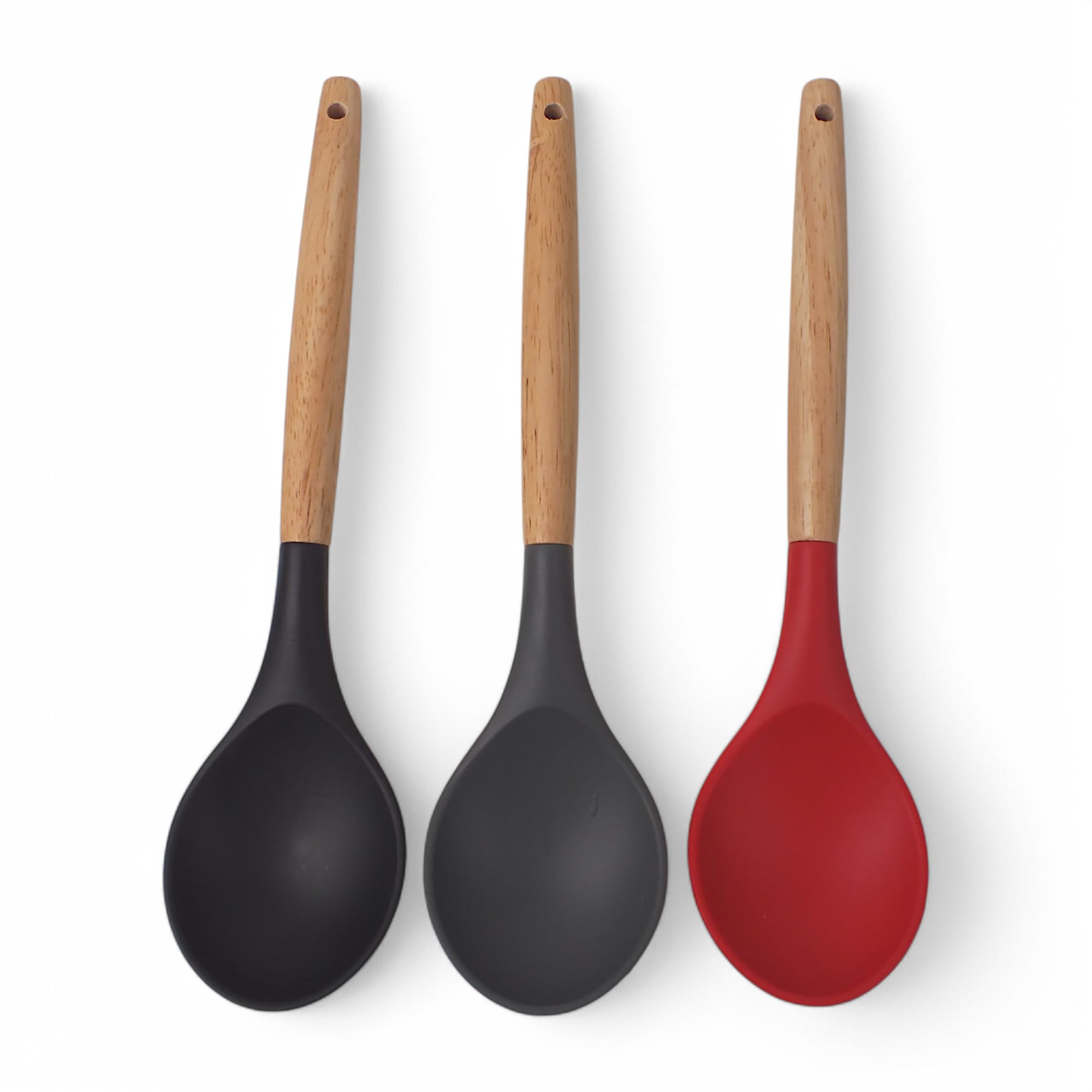 Deconox Bambu Saplı Silikon Servis Kaşığı, Bambu Uzun Silikon Servi Kaşığı 28cm 3 Renk Seçenekli, Yemeklerinizi Servis Etmek İçin Silikon Servis Kaşığı (KIRMIZI)