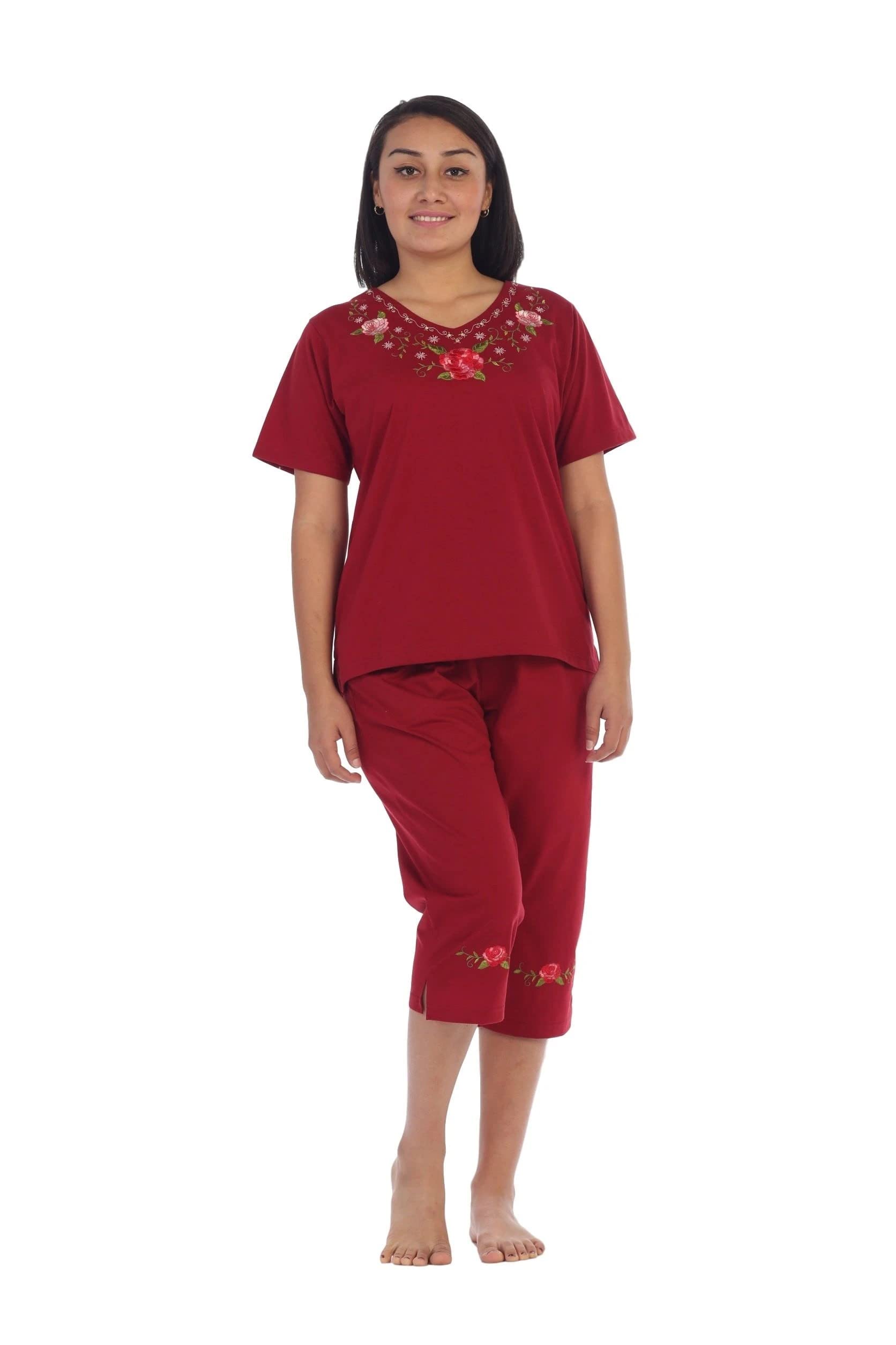 unik Women's Short Sleeve Embroidered Blouse and Matching Capri Set