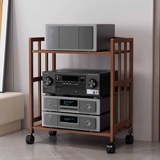 Soporte de bambú para gabinete multimedia AV con estantes ajustables en altura sobre ruedas, estante estéreo para sala de estar/dormitorio/casa de campo, color marrón