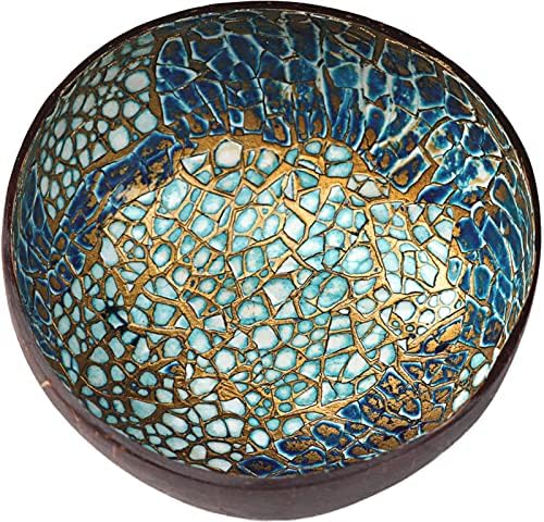 ChezMax Natural Coconut Bowl Mother of Pearl Inlaid Shell Bowls Key Bowl for Entryway Table Candy Container Nuts Holder Fruits & Dry Snack Storage Bowl Round Handcrafted Bowl for Decoration(Blue-Gold)