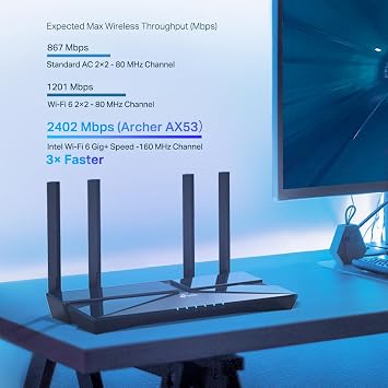 TP-Link Archer AX53 AX3000Mbps Dual-Band WiFi 6 Router, Fast Full Gigabit Ports, Ultra-Low Latency, EasyMesh Compatible, WPA3, Optimal for Gaming, Works with Alexa, VPN Server Supported