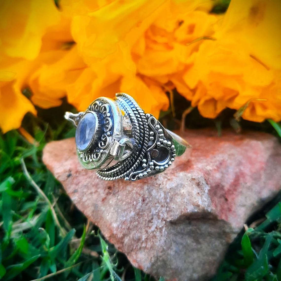 Handmade Moonstone Poison Ring 925 Sterling Silver Plated - Elegant June Birthstone Secret Compartment Ring for Women, Unique Gift Idea
