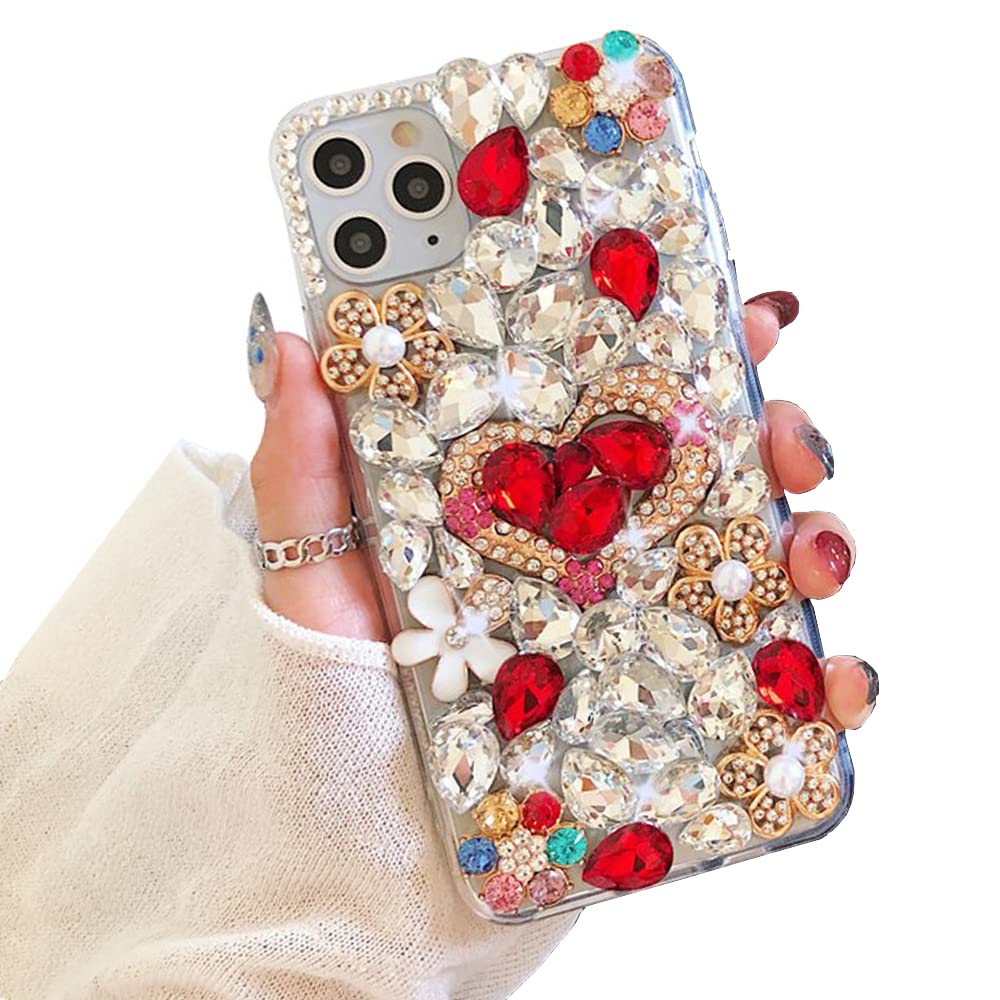 iPhone 13 Pro Max Bling Glitter Case,Luxury Bling Diamond Rhinestone Gemstone 3D Love Heart and Flower Gemstone Soft TPU Back Cover Case for Women Girls with iPhone 13 Pro Max 6.7"