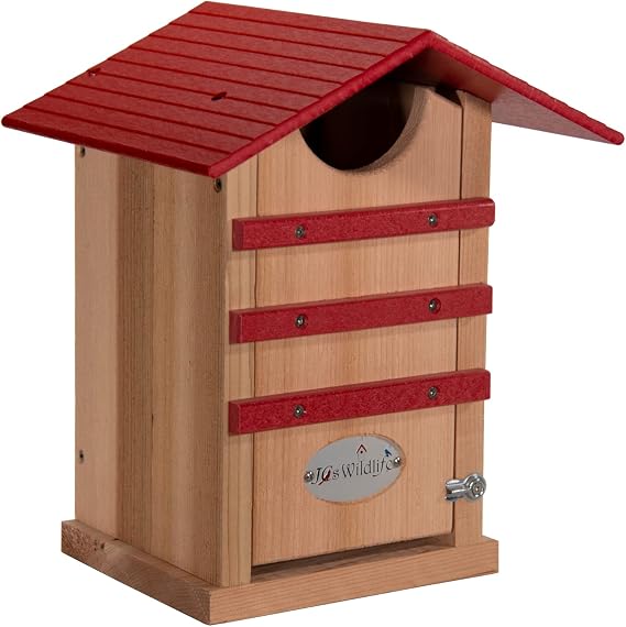 JCS Wildlife Screech Owl House Cedar Nesting Box with Poly Lumber Roof, Saw-Whet Owl Box for Outside, Drainage Ventilation, Easy Cleanout, Made in USA, Cardinal Red