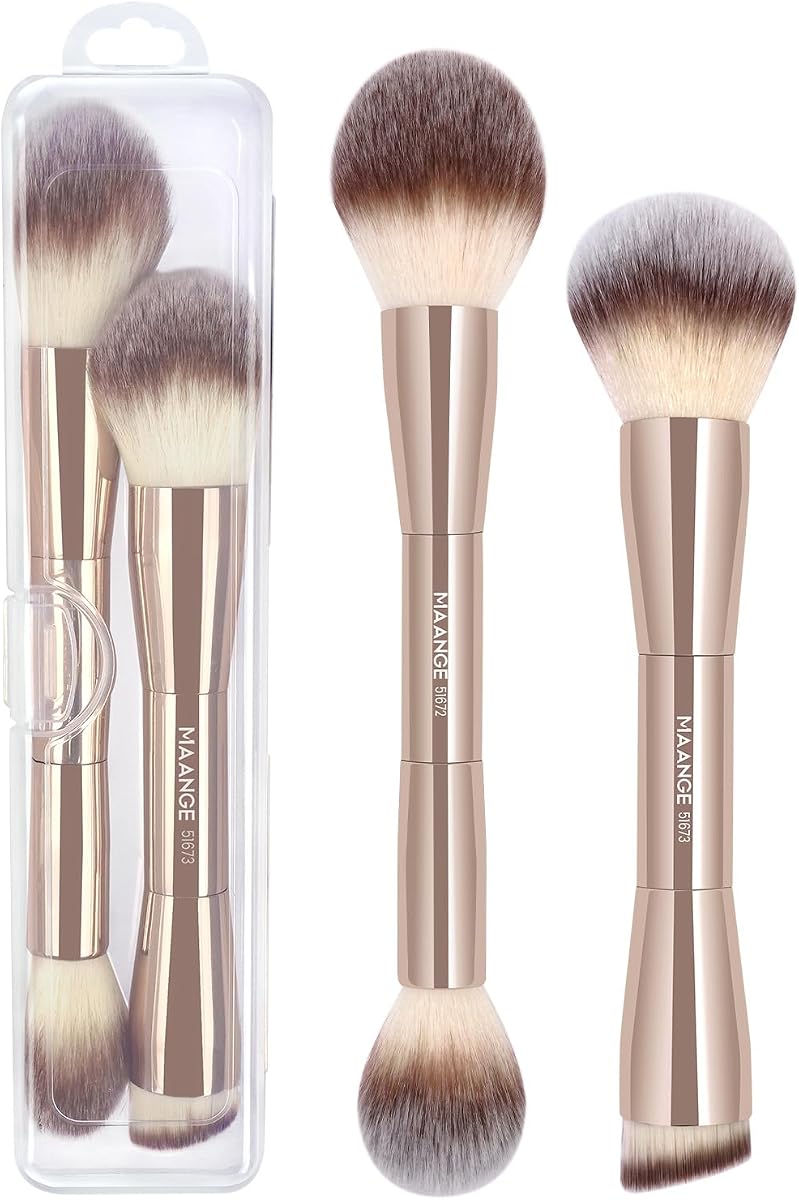 MAANGE Brochas de maquillaje para base, 2 brochas de maquillaje de doble punta para mezclar polvo líquido corrector crema rubor Buffe (dorado)