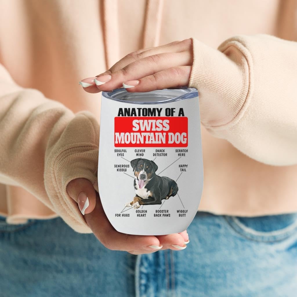 Lying Swiss Mountain Dog Tumbler 12oz - Funny Anatomy Chart Design - Stainless Steel Vacuum Insulated Wine Cup With Lid - Gifts for Dog Lovers