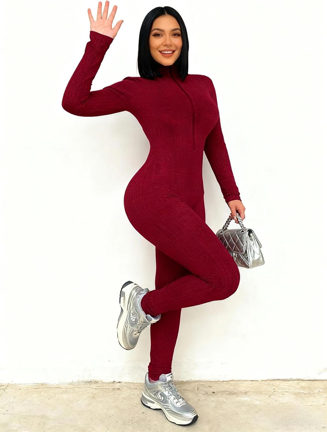 Women Sexy Long Sleeve Ribbed Jumpsuit Zip Up Front Solid Color Workout Club Bodycon Outfits - Image 8