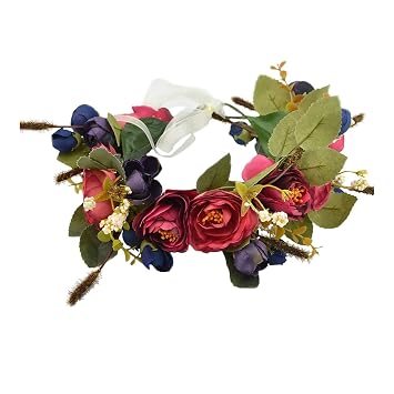 Faylay Women Girl Flower Headband Wreath Boho Headpiece Floral Crown for Wedding Festivals Photo Props 779Red & Blue