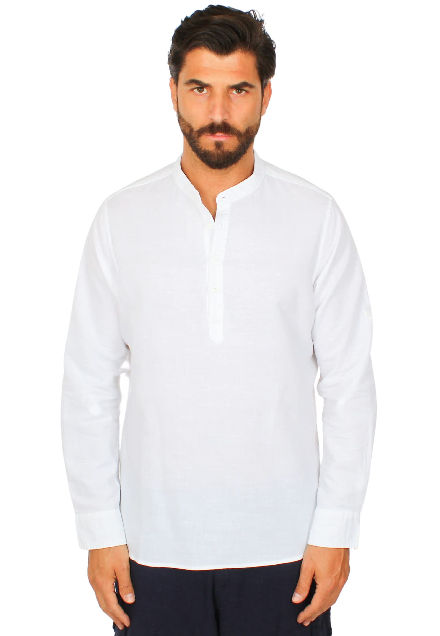 Camisa de hombre de lino con cuello coreano Serafino Slim Fit Manga Larga de Casaca