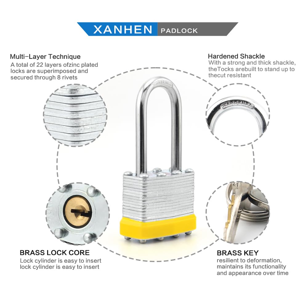 Lot de 6 cadenas à clé en acier laminé robuste avec clés identiques, cadenas à anse longue, corps de 40 mm de large
