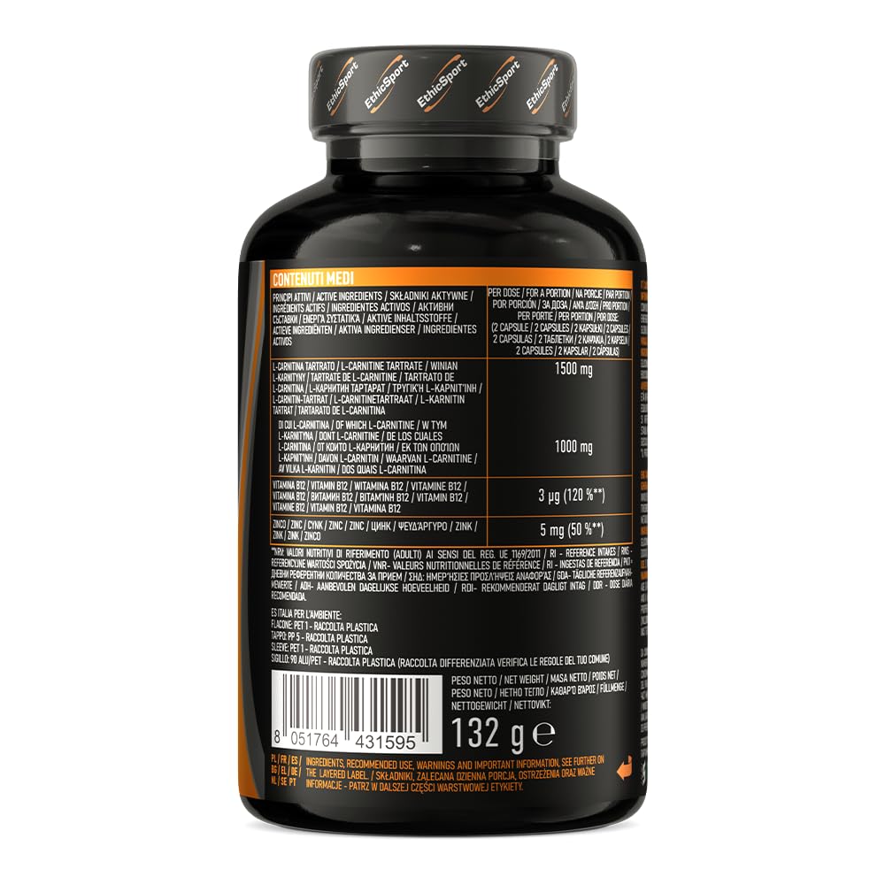 EthicSport Carnitina Extra – Integratore di L-Carnitina con Zinco e Vitamina B12 – Supporto al metabolismo energetico e degli acidi grassi – 120 capsule