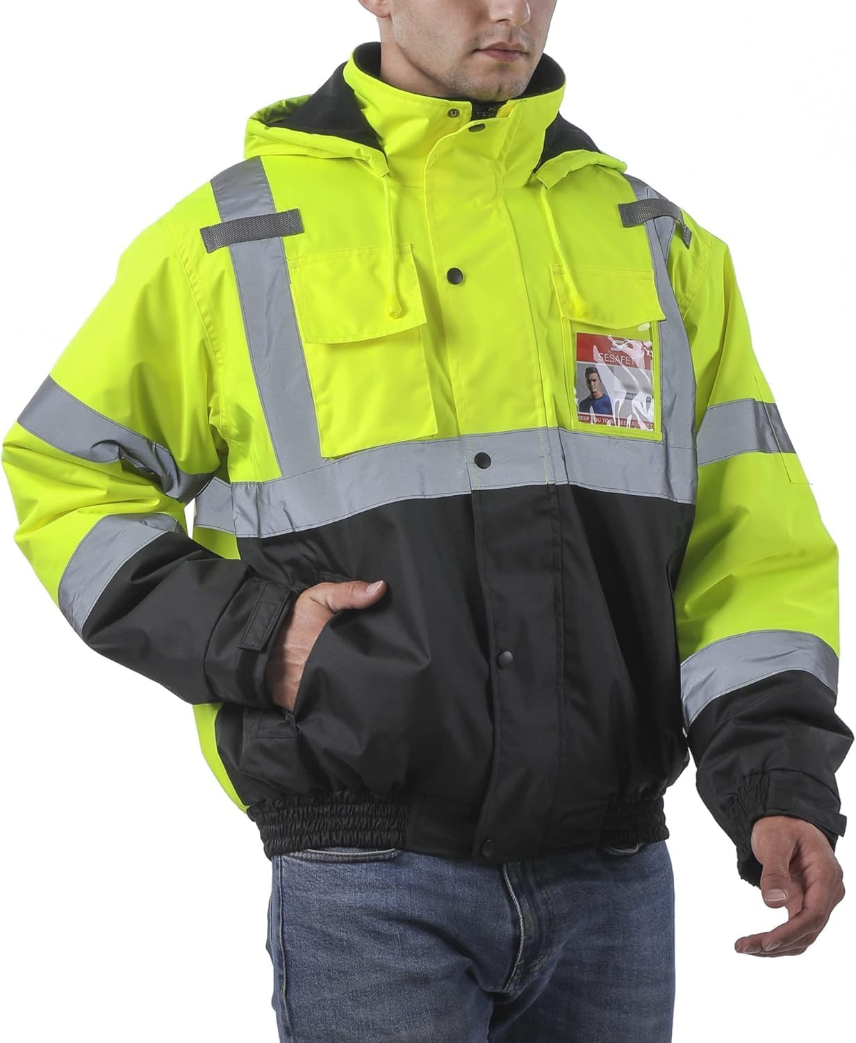 sesafety Reflective Jacket for Men, High Visibility Jackets, Safety Jackets for Men, Hi Vis Construction Bomber Jackets Waterproof with Pockets and Zipper, Black Bottom, Class 3