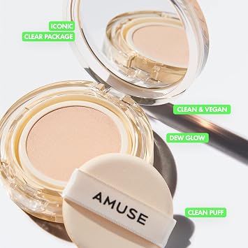 AMUSE SEOUL Dew Jelly Vegan Cushion Foundation (01 SOONSOO) - Full Coverage, Dewy Glow Finish, Lightweight, Long Lasting, Firming Texture, All Skin Types, Vegan, Korean Makeup