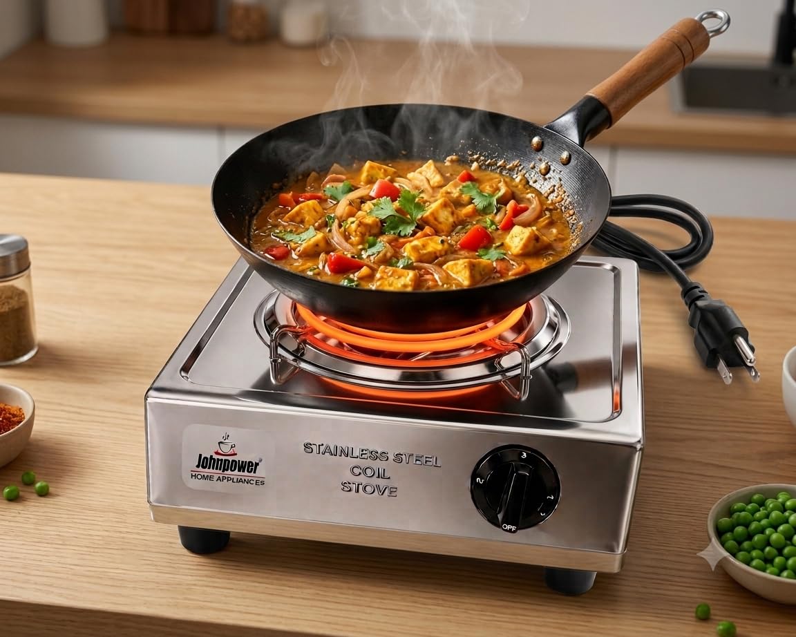 Johnpower Stainless Steel Electric Coil Stove, 2000W | 5-Level Temp Control, Even Heat Distribution, Overheat Protection, Portable & Compact, All Cookware Compatible-image-3