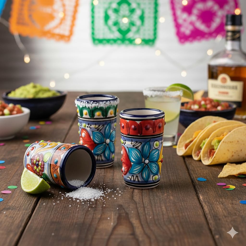 Talavera Lot de 4 verres à shot mexicains authentiques à tequila - Peints à la main - 60 ml (Talavera coloré)