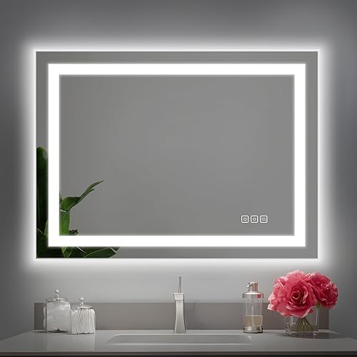 Miniatura 1 de Espejo LED de tocador de baño de 20 x 28 pulgadas con marco blanco, retroiluminado y frontal, tricolores, regulable, antivaho (apagado automático)