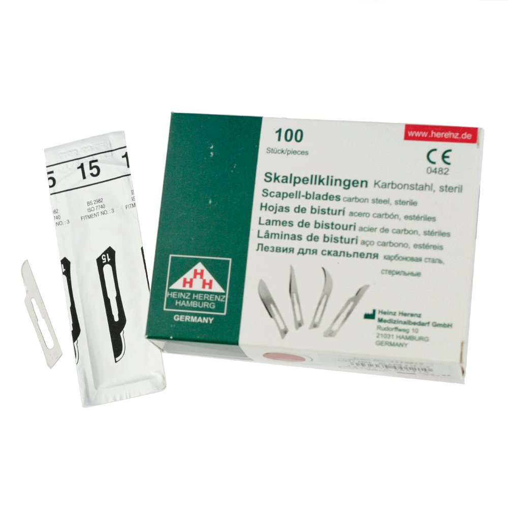 Set - 100 piezas hojas de bisturí No. 15 y mango de bisturí No. 3 - Hojas de repuesto para bisturí hechas de acero al carbono - Estéril