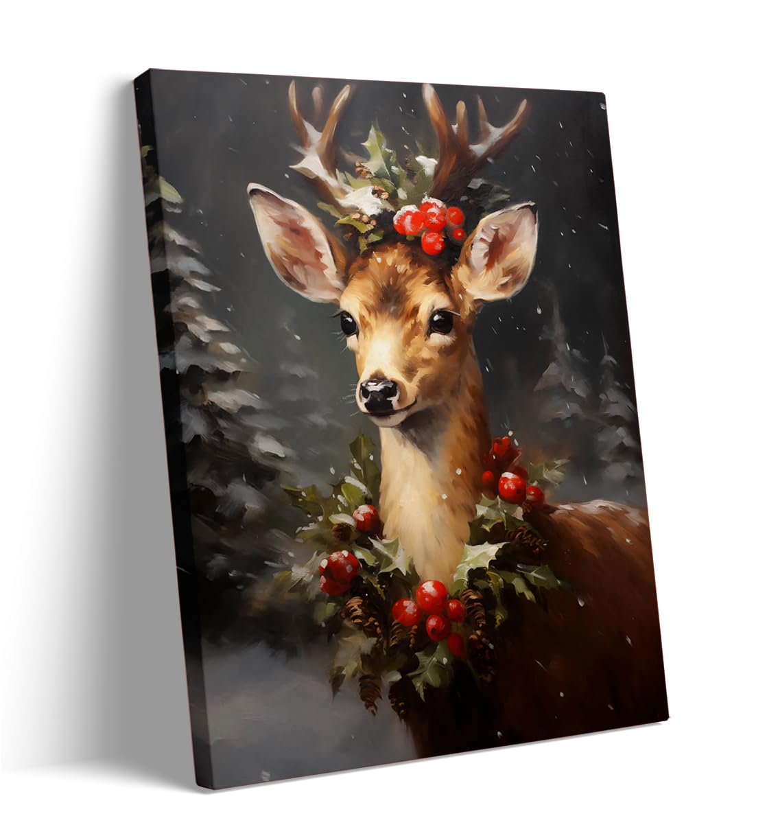 Christmas Reindeer Wall Art, Rustic Holiday Canvas Print, Deer Painting with Holly Berries, Winter Forest Christmas Decorations for Living Room Bedroom 60x90cm Frame