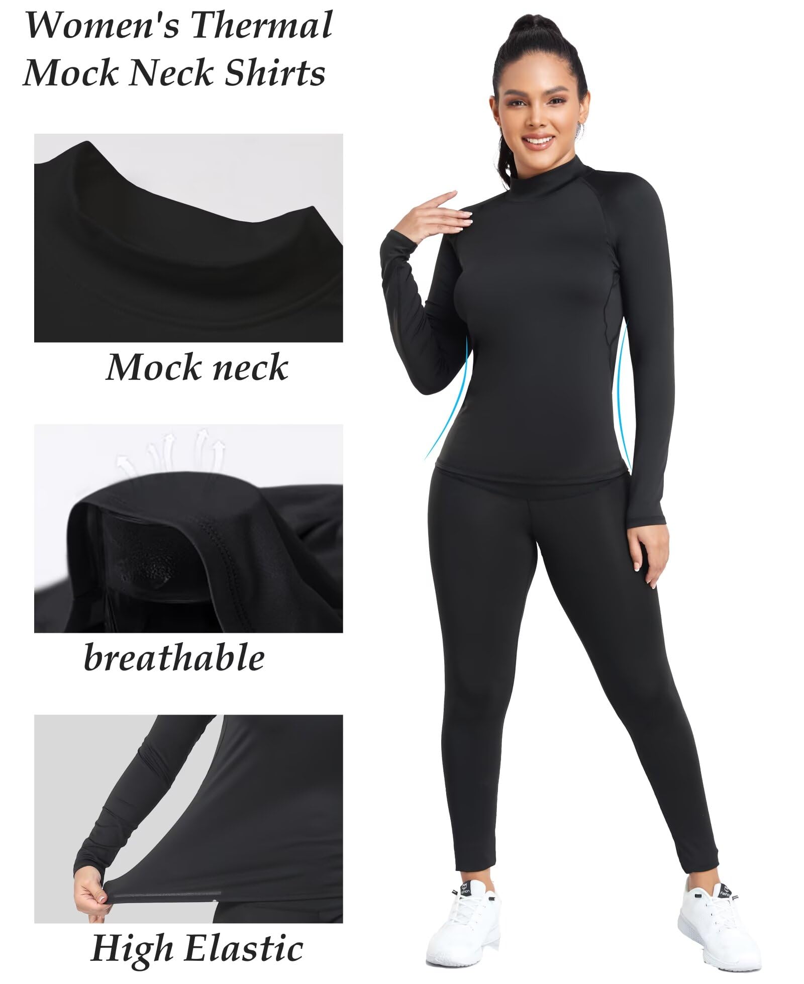 NebuKinex Paquete de 4 camisetas térmicas para mujer, con forro polar, cuello alto falso, manga larga, capa base atlética
