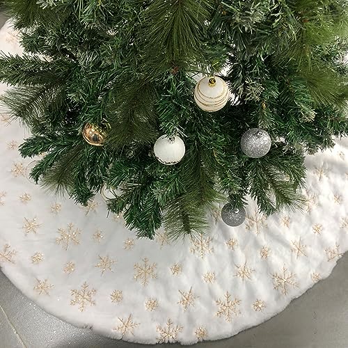 CHICHIC-48-Inch-Large-Christmas-Tree-Skirt-White-Tree-Skirt-Xmas-Faux-Fur-Tree-Skirts-Christmas-Decorations-for-Holiday-Tree-Ornaments-Christmas-Party-Home-Decorations-with-Sequin-Gold-Snowflakes CHICHIC 48 Inch Large Christmas Tree Skirt White Tree Skirt Xmas Faux Fur Tree Skirts Christmas Decorations for Holiday Tree Ornaments Christmas Party Home Decorations with Sequin Gold Snowflakes