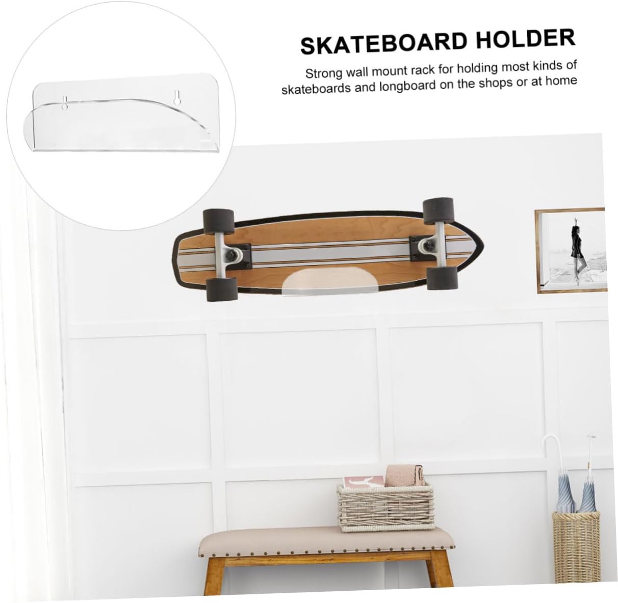 Skateboard Display Mount Wall Mounted Acrylic Bracket Holder for All of Skateboards Skis Snowboards More Easy to Install for Home Office Store Decor