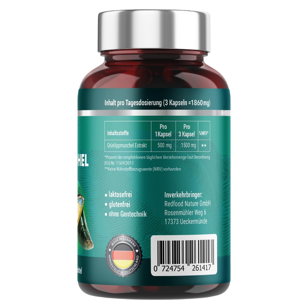 GRÜNLIPPMUSCHEL PREMIUM KAPSELN 1500 MG GRÜNLIPPMUSCHELPULVER PRO PORTION HOCHDOSIERT XXL DOSE 300 KAPSELN 5-3 MONATSVORRAT OHNE MAGNESIUMSTEARATE MADE IN GERMANY VON REDFOOD