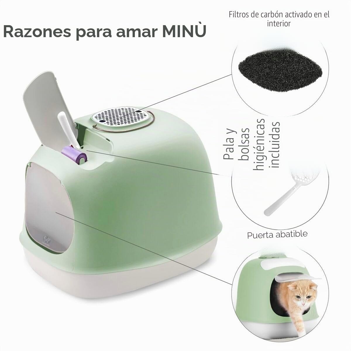 UNITED PETS Minù - Bandeja de Arena para Gatos de diseño, Fabricada en Italia, con Pala y Filtro, Color Verde/Blanco, arenero higiénico Cerrado para Gatos