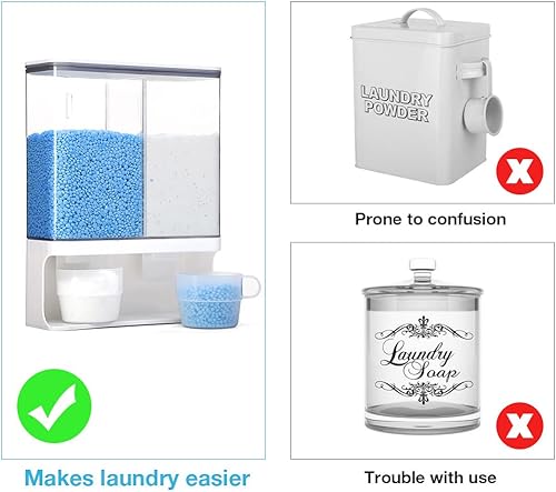 Miniatura 10 de Dispensador de perlas de aroma, dispensador de detergente de lavandería montado en la pared con 2 tazas para arroz, frijoles, cuentas de lavandería,