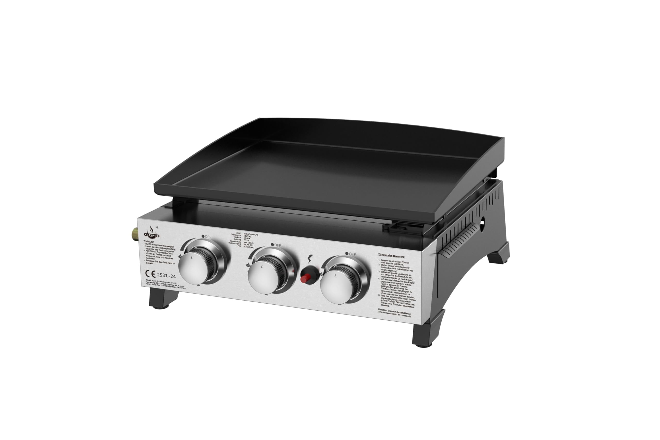 Plancha grill gazowy "AUSTIN III" firmy El Fuego®, 3 główne palniki o mocy 2,5 kW, w zestawie wąż gazowy i reduktor ciśnienia, grill BBQ | AY 4420