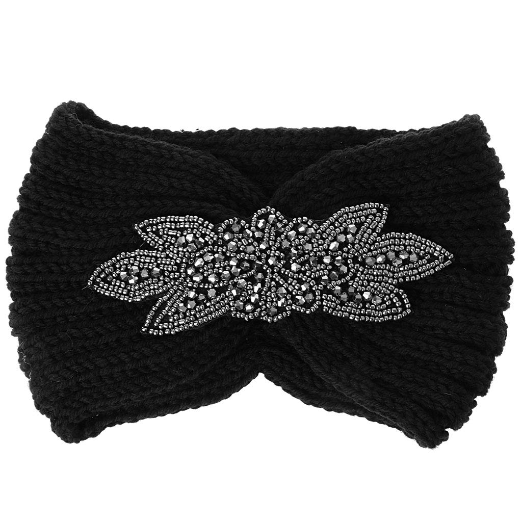 SUCHUANGUANG Women Sequin Knitted Hairband Flower Rhinestone Beaded Ear Warmer Wide Head Wrap Wrap Band Black