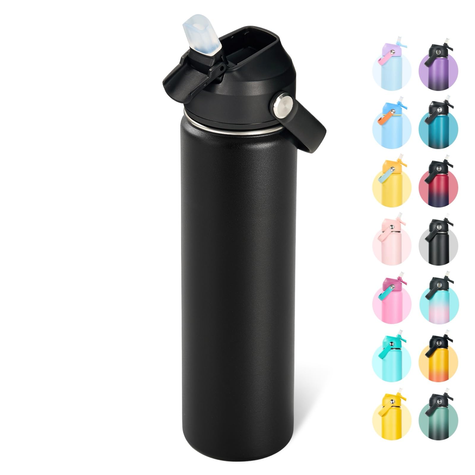 Fijinhom 24oz Insulated Stainless Steel Water Bottle, Wide Mouth Double Wall Vacuum, Silicone Straw, Sweat &amp; Leak Proof, BPA Free Insulated Water Flask for Travel, Keep Cold 24h Hot 12h, Black