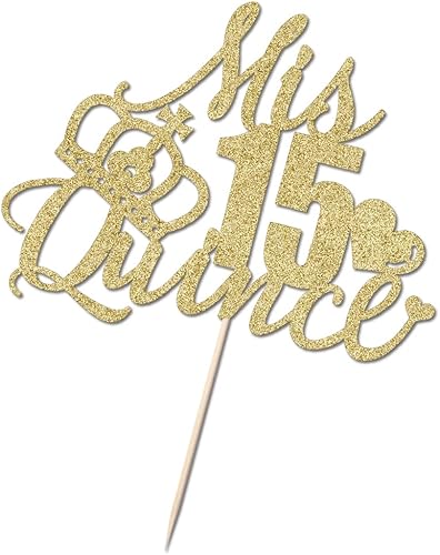 Miniatura 5 de Sleyberoy Mis Quince15th - Decoración para pastel de cumpleaños 15, saludos 15, cumpleaños 15/15 aniversario (purpurina dorada)