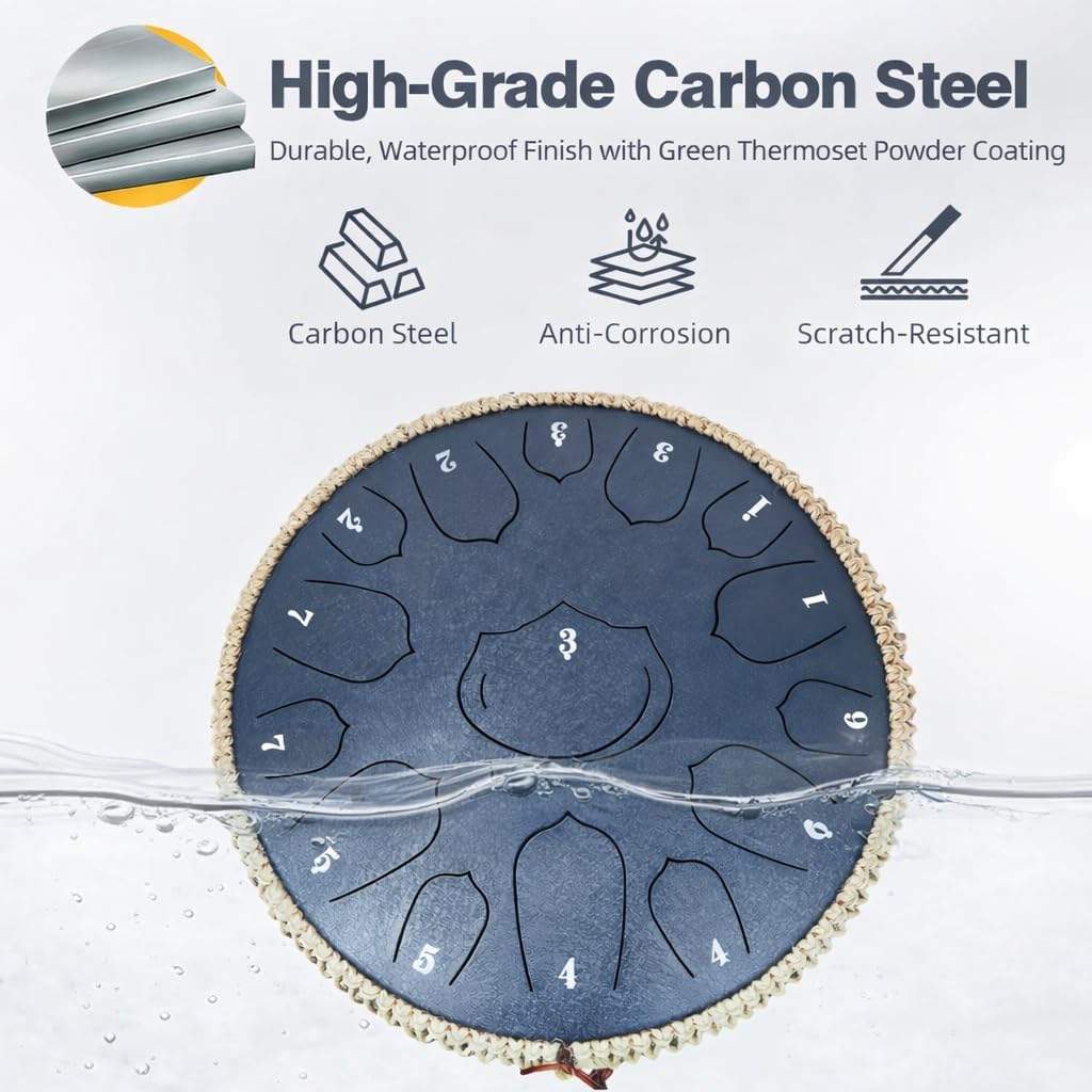 Steel Tongue Drum 13 Inch 15 Note, 440Hz Steel Drum in D Major, Deep Resonant handpan drum for Adults, Hand Pan Drums for Meditation, Yoga & Studio, with Music Book, Carry Bag & Mallets