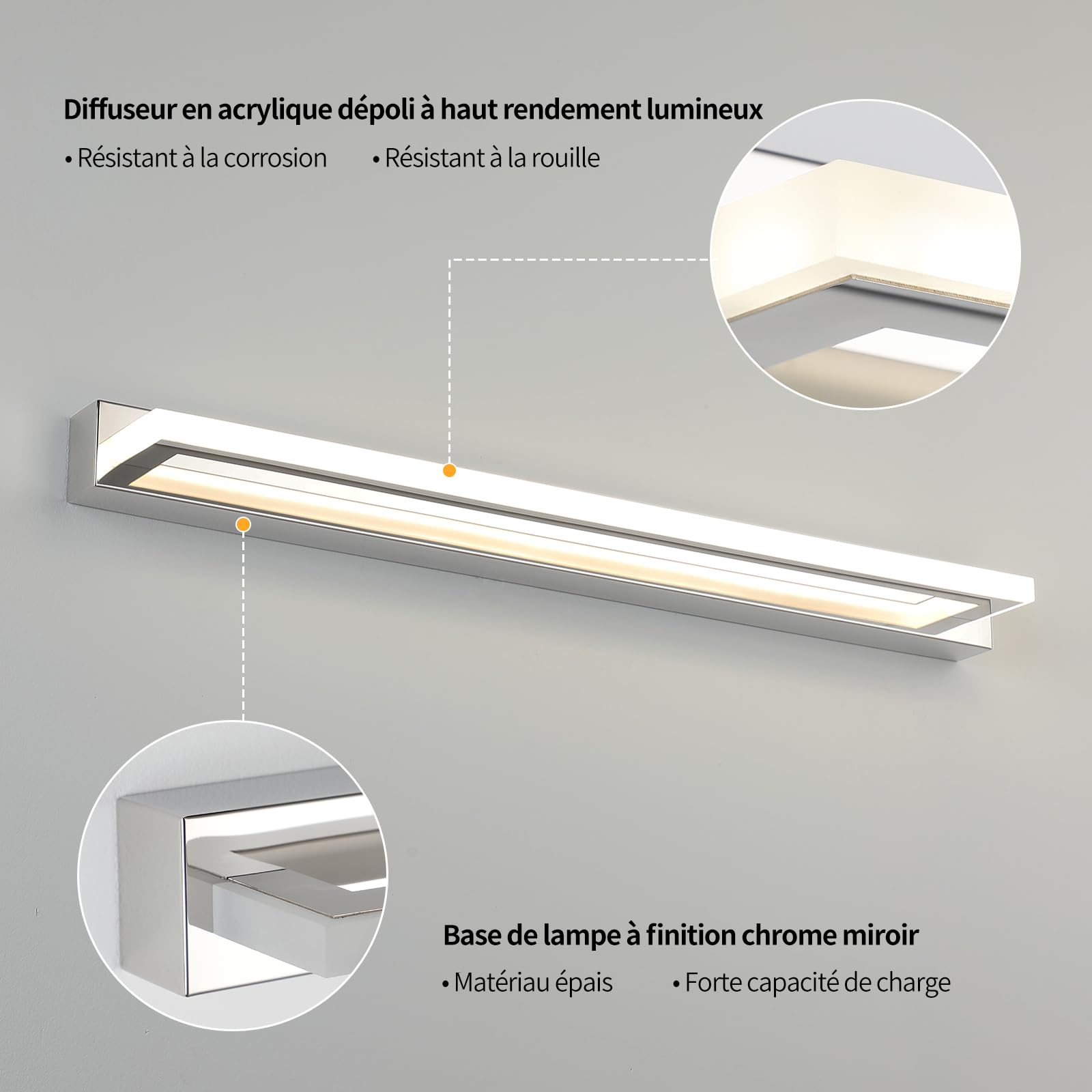 Lampe Miroir Salle de Bain LED 62cm, Applique Salle de Bain Miroir 13W 4000K, Éclairage de Vanité IP44 Étanche