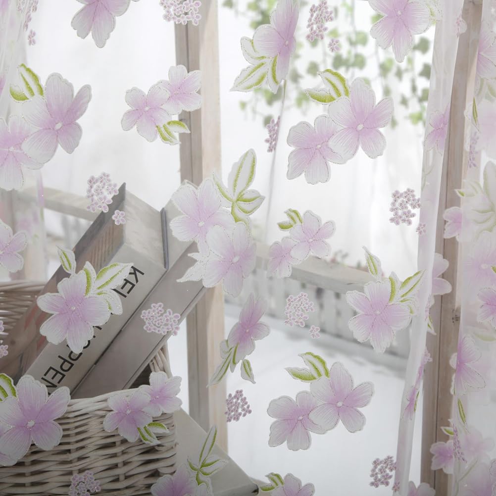 Veemoon 1PC Boho Floral Tulle Curtains Purple Flower Tulle Curtains Girls Room Decorative Transparent Net Window Treatments Short Rustic Window for Bedroom Living Room (1 * 2M) - Image 3