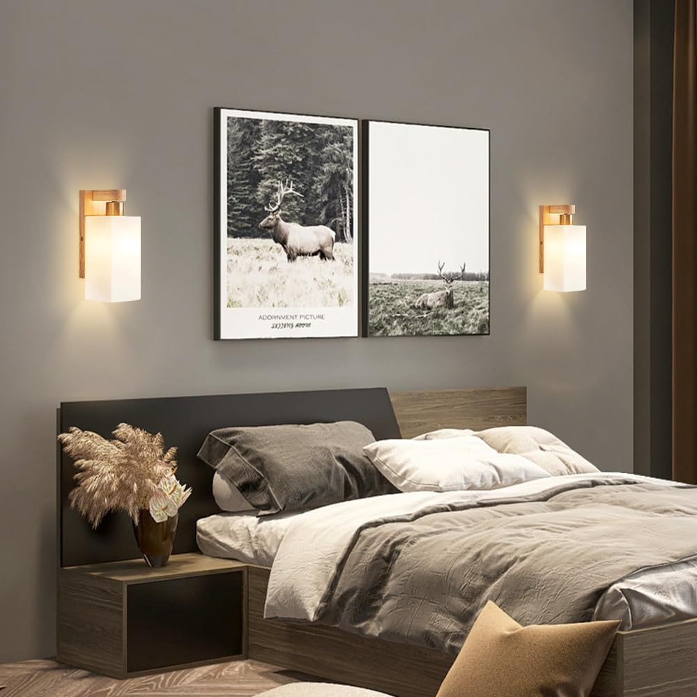 Original Modern Bedside Wall Sconces Japanese Style Minimalist Solid Wood Hallway Wall Light Hardwired Nordic Creativity Glass Bedroom Wall Mounted Lamp for Living Room Aisle Entrance Hall