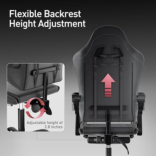 Miniatura 7 de MoNiBloom Silla de juegos con reposapiés, silla de videojuegos de respaldo alto con reposacabezas y soporte lumbar, silla giratoria de cuero