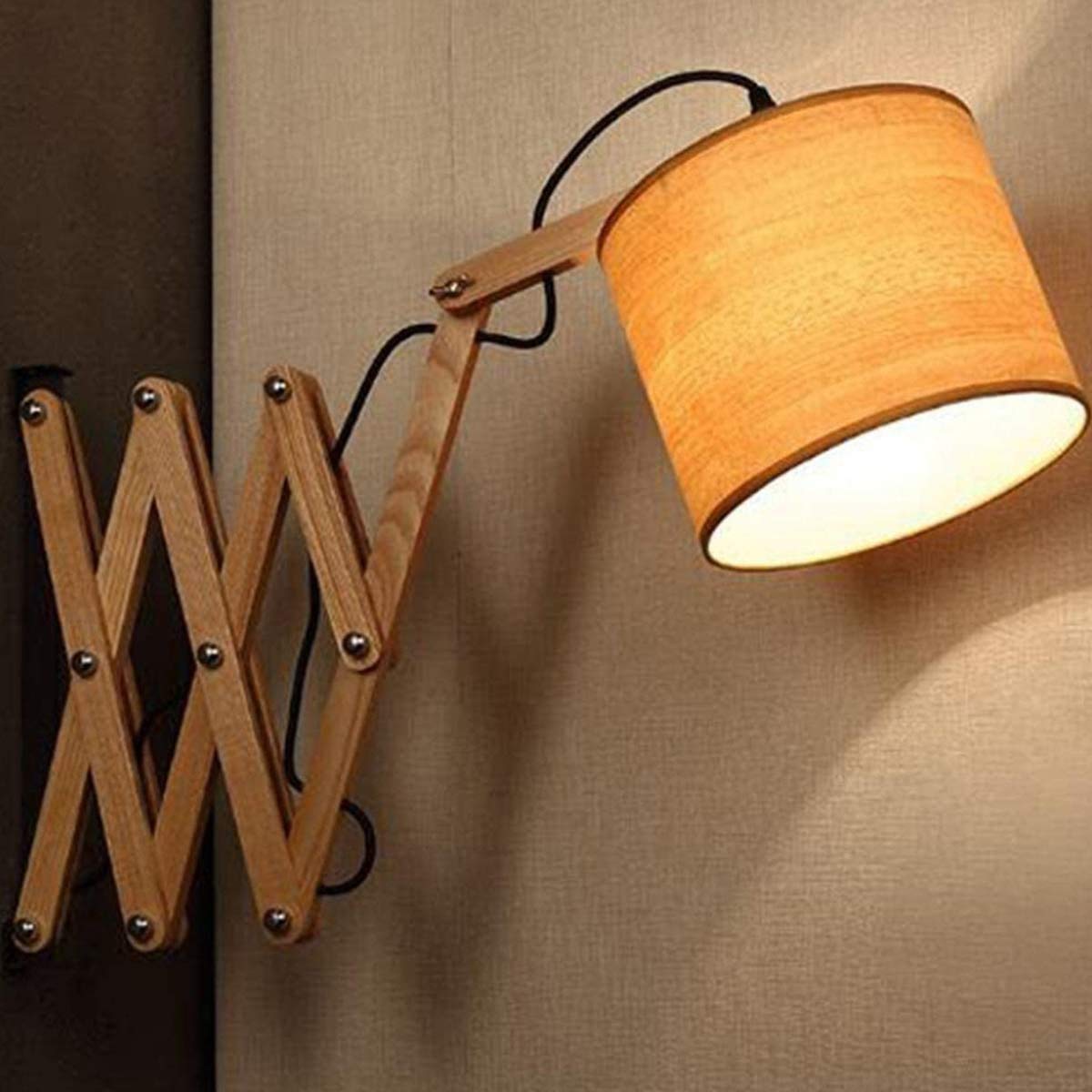Wandlampen Innen Holz Wandlampe mit Schalter und 1,5m Netzkabel Vintage Scherenlampe Ausziehbar Nachttischlampe Flexible Leselampe Wandleuchte Schlafzimmer Bettlampe E27 Handgearbeitet Stoff Schirm