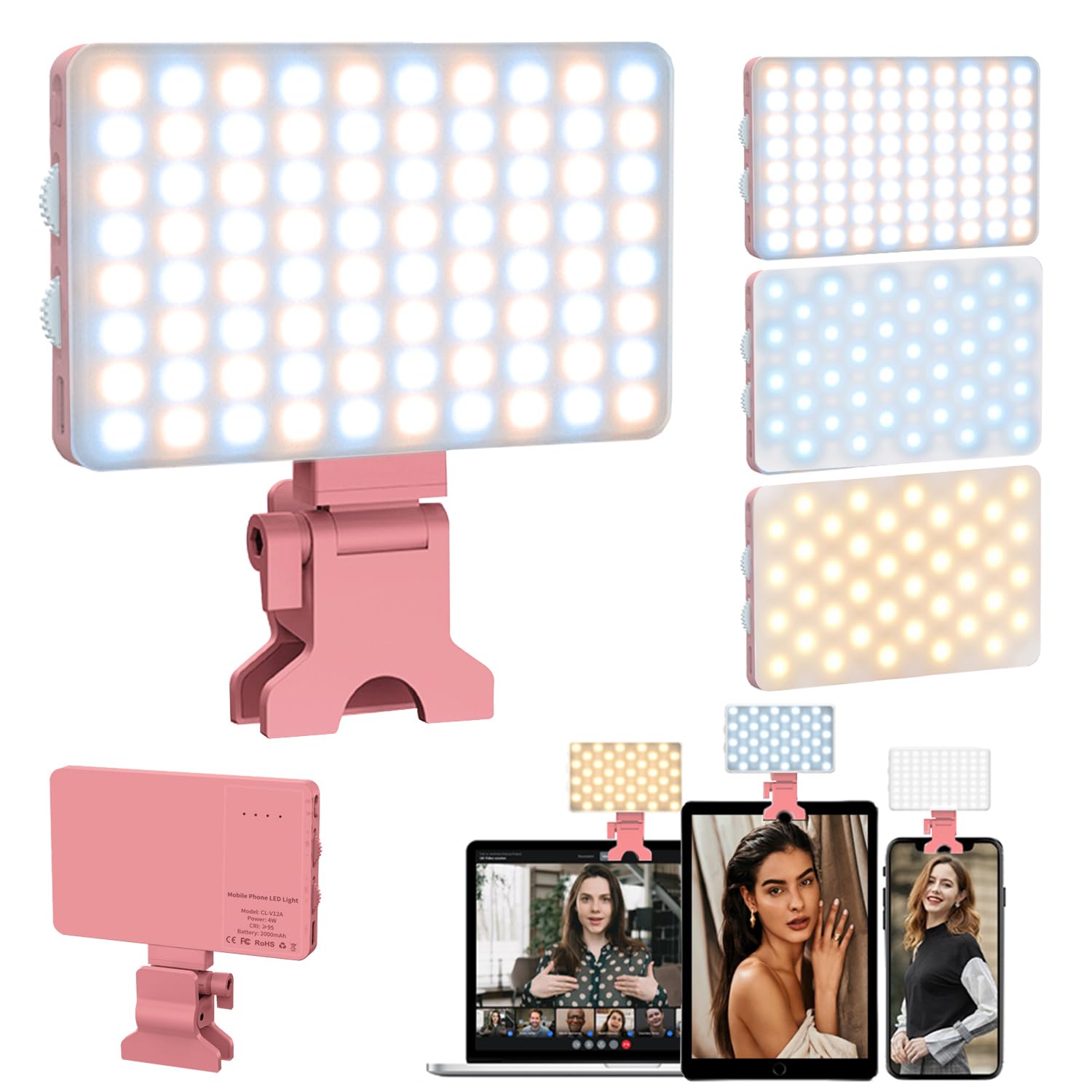 Zhaoray Pink Selfie Light with Phone Clip,80led Portable Selfie Light with 3 Modes and Infinite Adjustment Modes, 2000mah Rechargeable for Phone, Laptop, Makeup, Live Stream