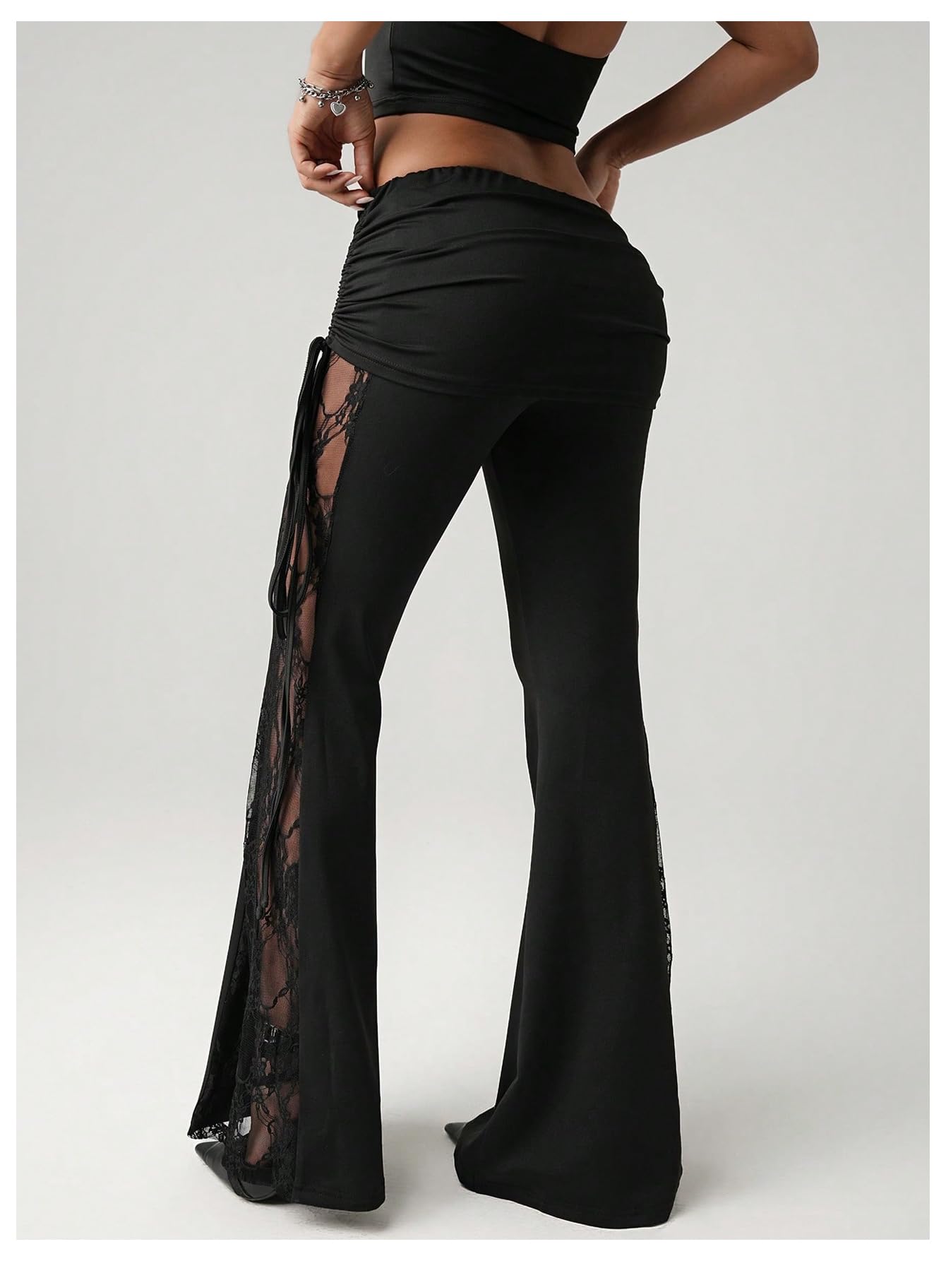 Verdusa Women's Lace Pants Fold Over Flare Leggings Bell Bottoms Rave Outfits Going Out