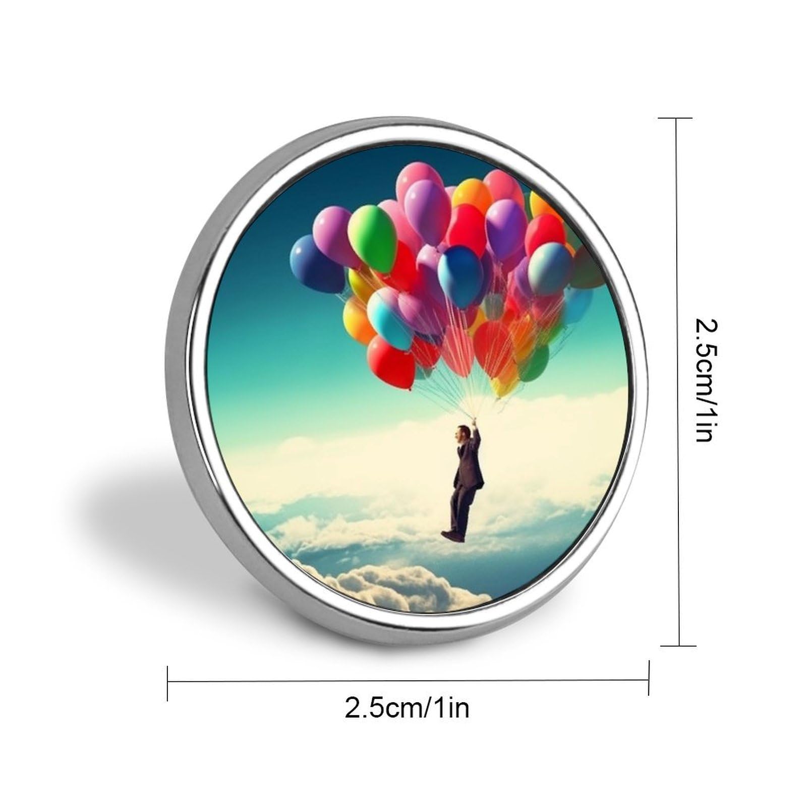 Aluminium Alloy Round Badge Brooch Pins for Men Man Flying with Colorful Balloons Brooches Elegant Pin for Women Fashion Button Badges Brooch Badge for Hats Jackets Shirts