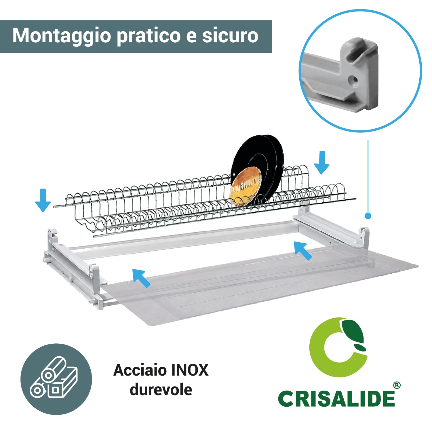 Crisalide® Scolapiatti per Pensile in Acciaio Cromato, Modelli 86 cm, Telaio in Alluminio Anodizzato, Vaschetta Raccogligocce Trasparente, Porta Piatti e Bicchieri per Cucina