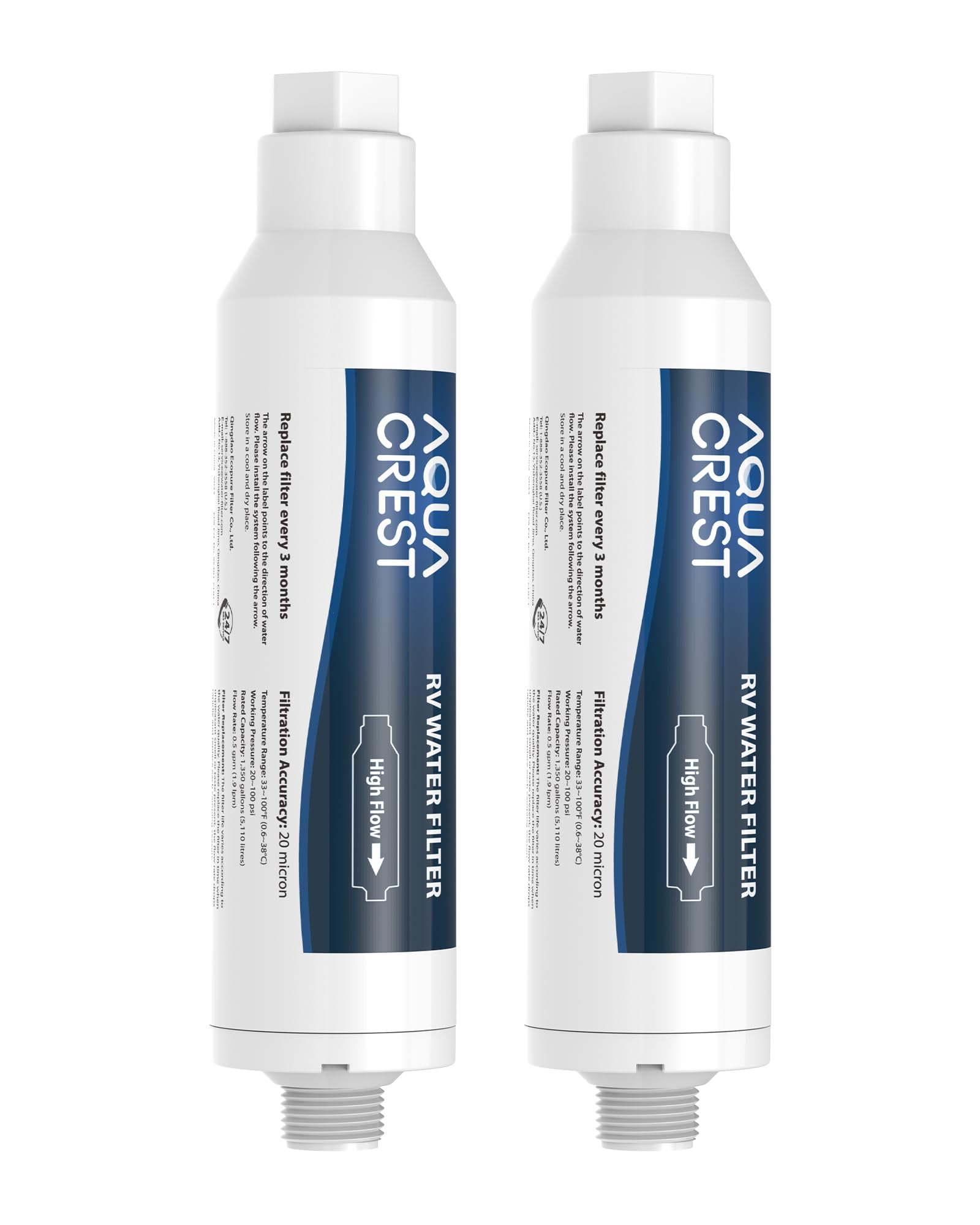 AQUACREST RV Inline Water Filter, NSF Certified, Reduces Chlorine, Bad Taste, Odor for RV and Marines, Drinking & Washing Filter, Pack of 2