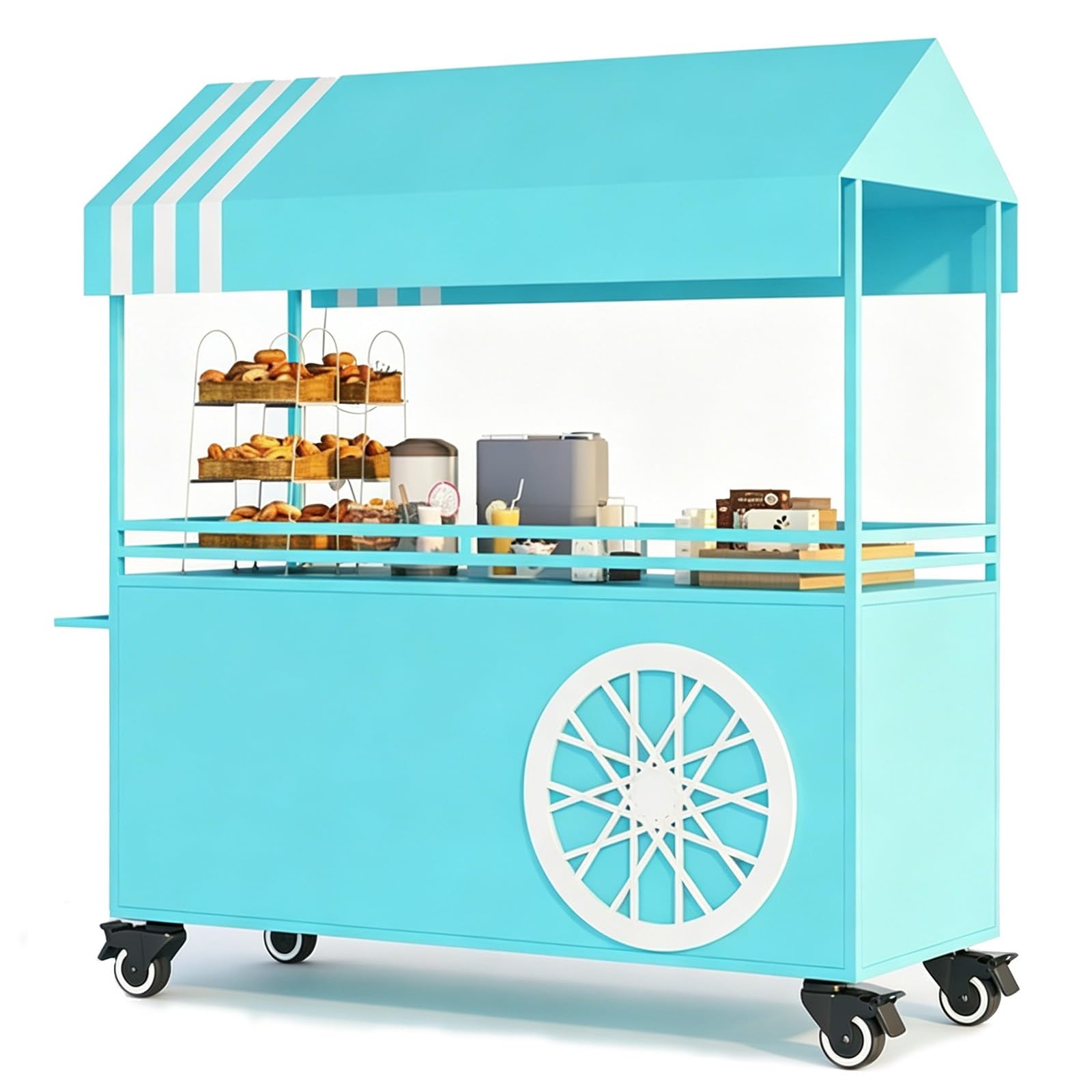 Outdoor Vendor Cart, Iron Market Stand, with Canopy, Lockable Wheels, Handle, Guardrail, for Market, Street Food, Events(Blue,120cm/47in)